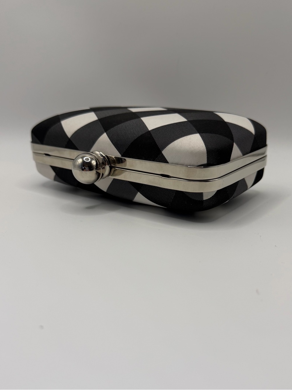 Black and White Checkered Convertible Box Clutch with Silver Chain Strap - Picture 2 of 10